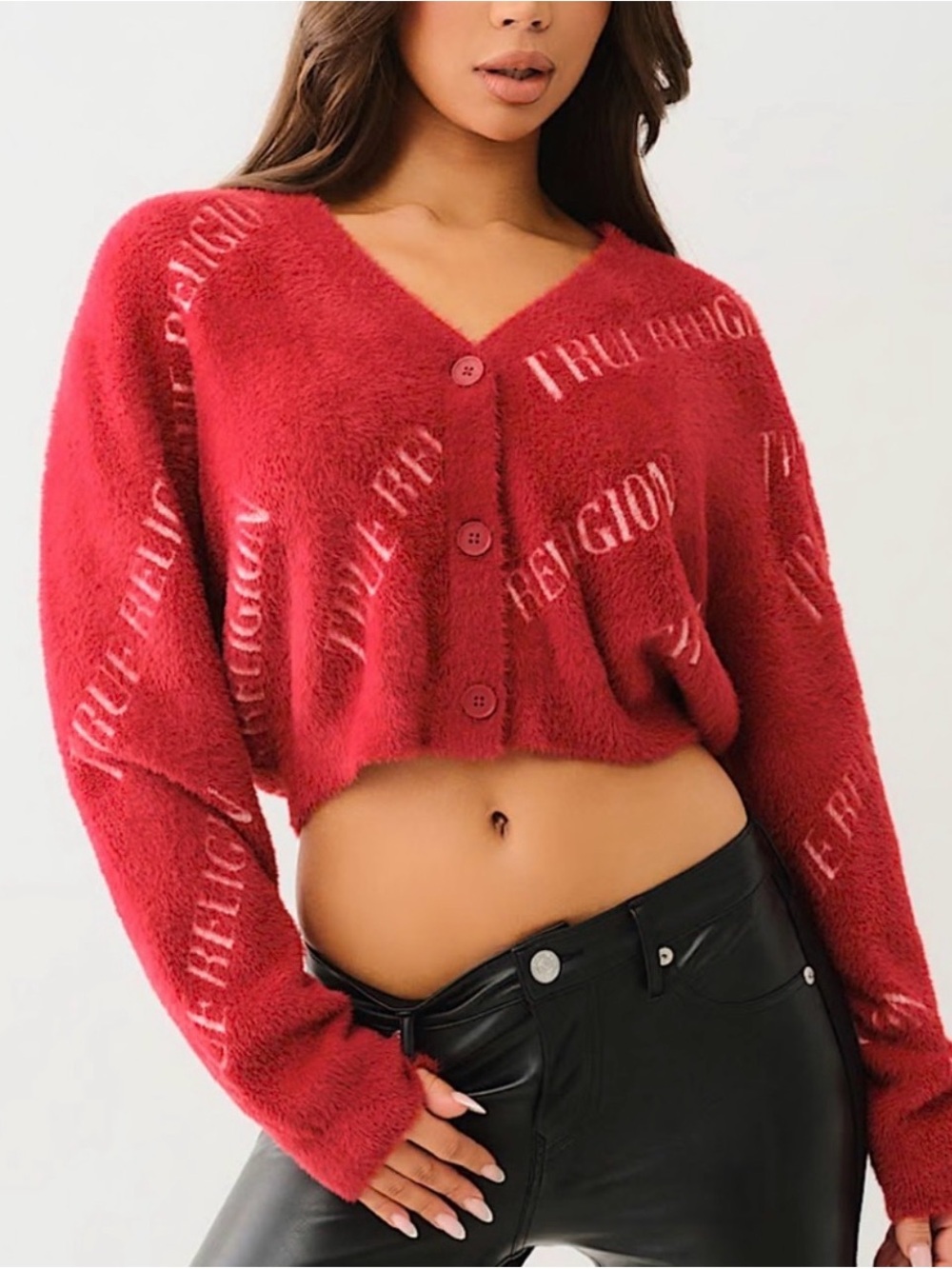 True Religion Fuzzy Red Logo Cropped Cardigan Size L NWOT